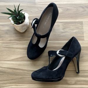 Black Suede Mary Jane Heels, Strap, Franco Sarto